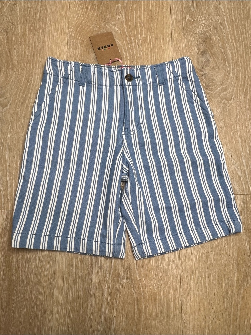 Mini Boden Kids Smart Stripe Adjustable Waist Shorts Grey-Blue, NWT Youth 7-8